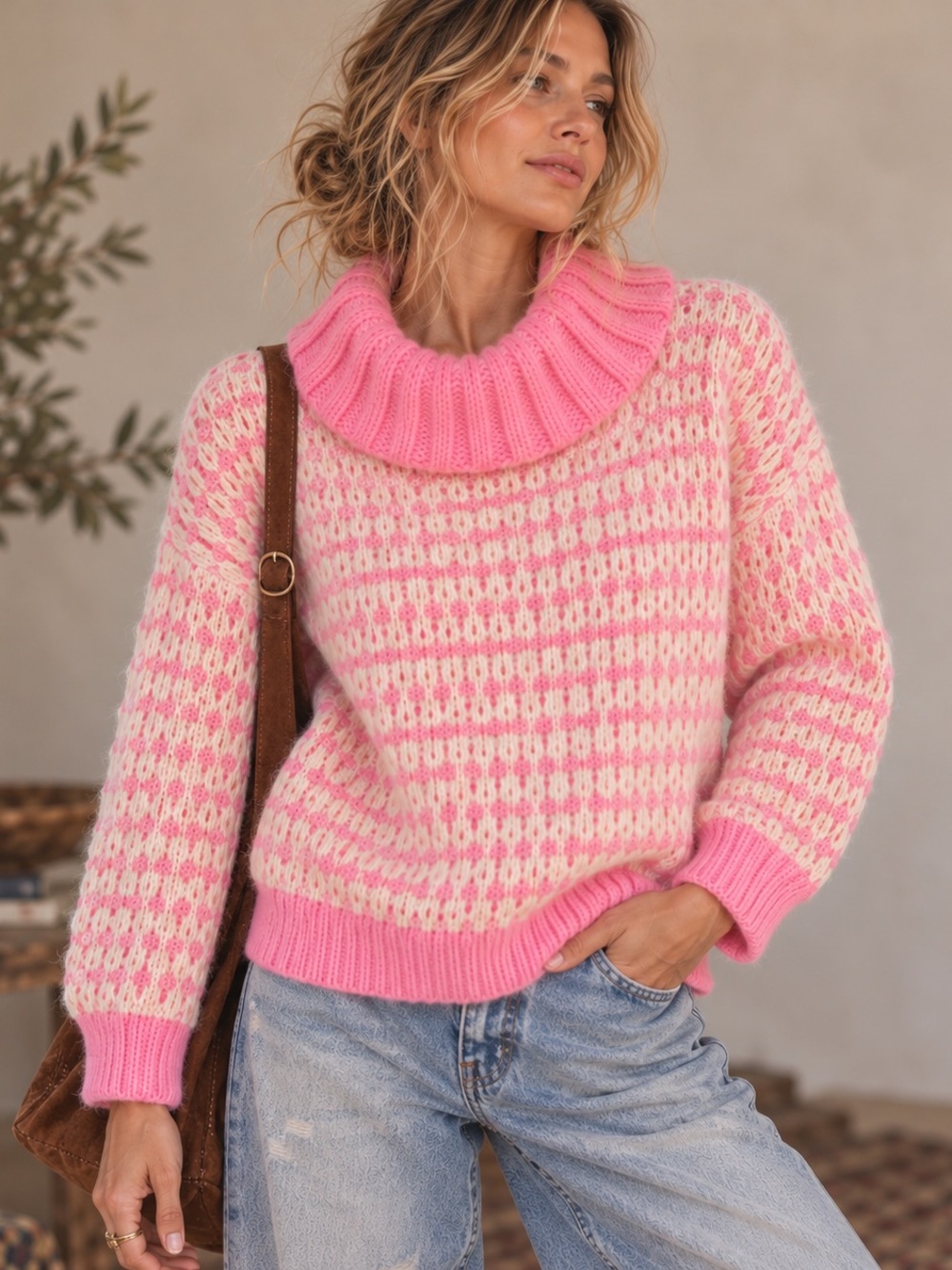 Vintage Bubblegum Pink Cream Textured Knit Cowl Neck Sweater